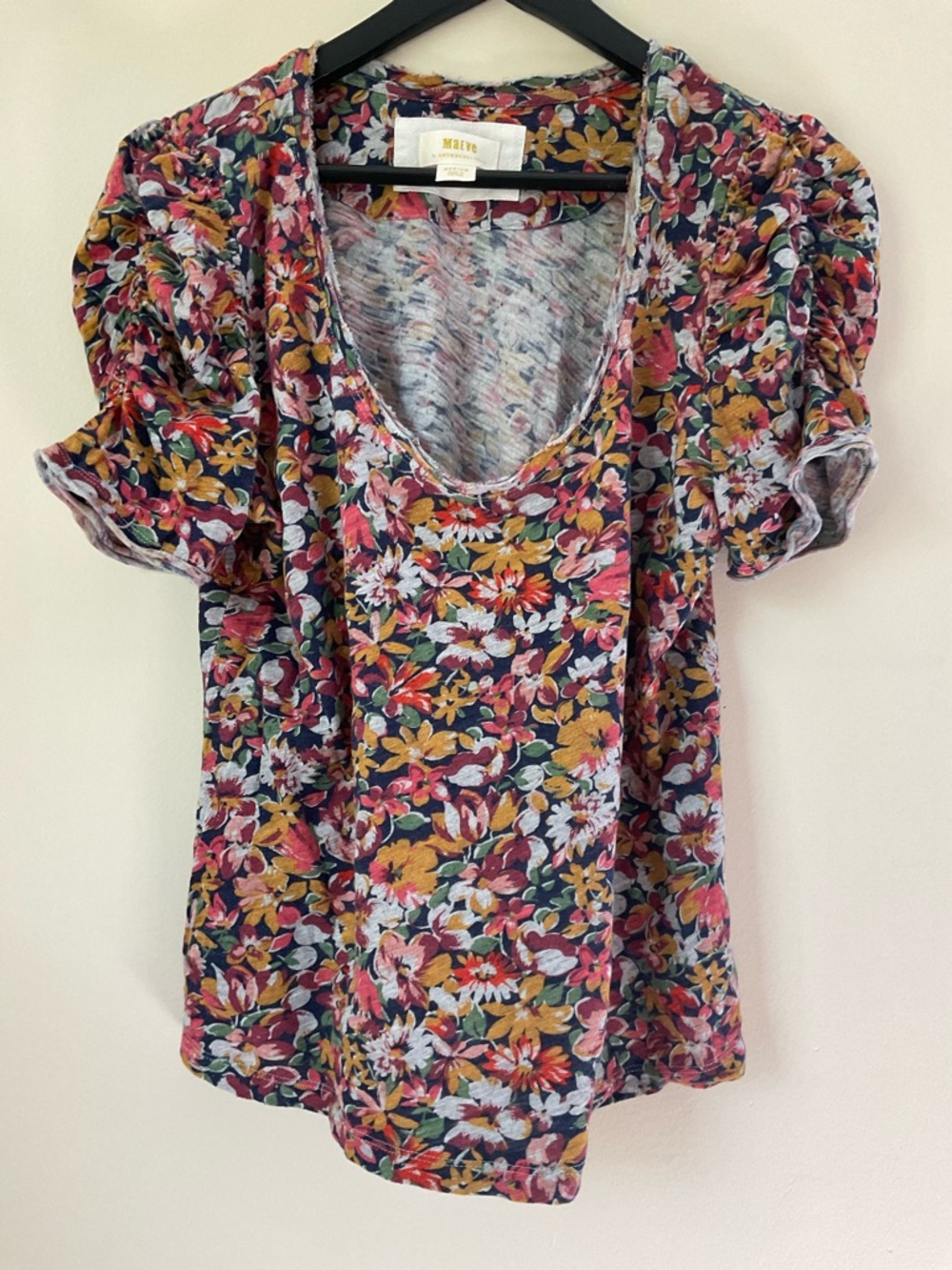 Anthropologie Maeve Floral Scoop Neck Puff Sleeve Top Multi colorful 19” by 22”